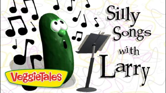 Larry the cucumber from VeggieTales sings into a microphone with musical notes around him; title 'Silly Songs with Larry' and VeggieTales logo nearby.