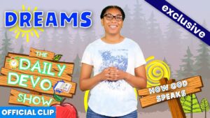 Thumbnail for a devotional show: smiling woman center, wooden signs read 'The Daily Devo Show' and 'How God Speaks'.