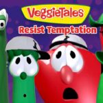 VeggieTales characters stand together on a purple background, with the bold 'Resist Temptation' title above them.