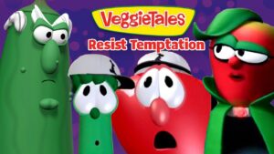 VeggieTales characters stand together on a purple background, with the bold 'Resist Temptation' title above them.