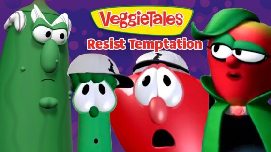 VeggieTales characters stand together on a purple background, with the bold 'Resist Temptation' title above them.
