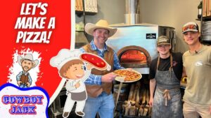 Thumbnail: four people in a pizza shop by a wood-fired oven; left red panel says “LET'S MAKE A PIZZA!” with Cowboy Jack branding.续? (shortened) Wait