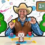 Cheerful teacher in a cowboy hat shows number blocks (4 and 8) for a kids' math lesson, with playful monkeys and a chalkboard reading 2+2 in the background.