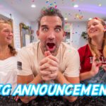 Three excited friends celebrate with confetti indoors, center person clasping hands and shouting, 'Big Announcement!' overlay visible in blue text across bottom.