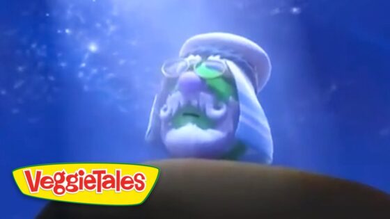 Underwater scene with a VeggieTales character wearing a blue hood and green face, foregrounded against a blue background; VeggieTales logo visible in the corner.
