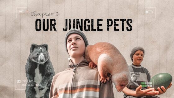 Chapter 2: Our Jungle Pets—collage of a bear on the left, a boy with a sloth on his shoulder in the center, and another boy holding a green egg on the right.