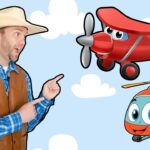Man in a cowboy hat and vest points at a red cartoon airplane and a smiling orange helicopter in a blue sky with clouds, as if explaining flight toys.