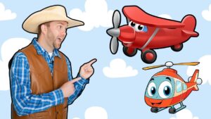 Man in a cowboy hat and vest points at a red cartoon airplane and a smiling orange helicopter in a blue sky with clouds, as if explaining flight toys.