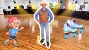 Man in a cowboy vest and hat stands on inline skates in an indoor roller-skating rink; a cartoon kid on skates is on the left and blue roller skates appear on the right.