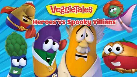 VeggieTales thumbnail showing colorful veggie characters facing forward with a yellow banner reading 'VeggieTales' and red text 'Heroes vs Spooky Villains'
