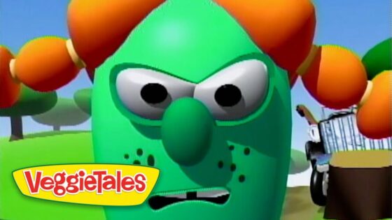 Angry green VeggieTales character with a big nose and orange pigtails, logo in the corner.