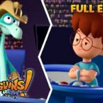 Split-screen thumbnail: left—green dinosaur in a hat; right—girl with glasses at a control console; 'FULL EPISODE' caption.