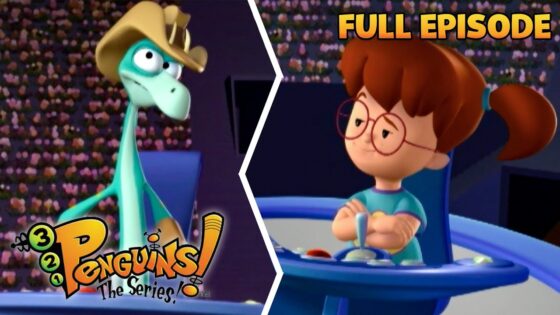 Split-screen thumbnail: left—green dinosaur in a hat; right—girl with glasses at a control console; 'FULL EPISODE' caption.