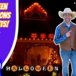 Thumbnail with two men in cowboy outfits beside a pumpkin-lit house at night; left purple panel reads 'HALLOWEEN DECORATIONS AND LIGHTS!' with a Cowboy Jack logo.