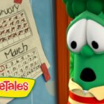 VeggieTales character looks surprised at a wall calendar showing February and March with red marks and a circled 1 in March.
