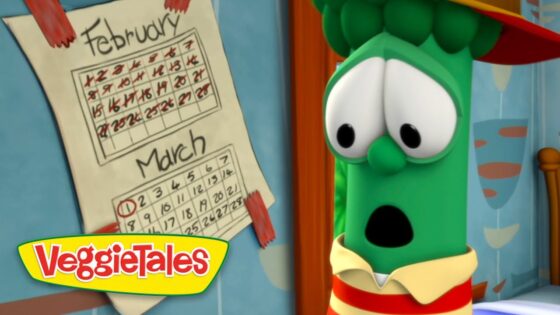 VeggieTales character looks surprised at a wall calendar showing February and March with red marks and a circled 1 in March.