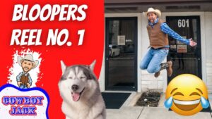 Thumbnail for a cowboy bloopers reel: man in cowboy hat jumps beside a smiling husky, with a large red panel reading 'BLOOPERS REEL NO. 1' and a laughing emoji.