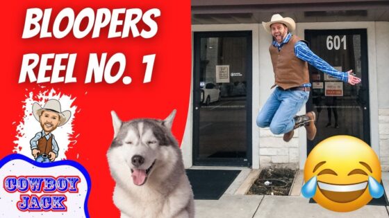 Thumbnail for a cowboy bloopers reel: man in cowboy hat jumps beside a smiling husky, with a large red panel reading 'BLOOPERS REEL NO. 1' and a laughing emoji.