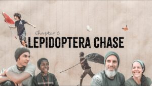 Chapter 5 cover: 'Lepidoptera Chase' with a diverse group of people against a beige wall.