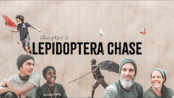 Chapter 5 cover: 'Lepidoptera Chase' with a diverse group of people against a beige wall.