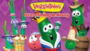VeggieTales cover with a crown-wearing cucumber center stage among veggie friends, purple background and 'Overcoming Jealousy' title.