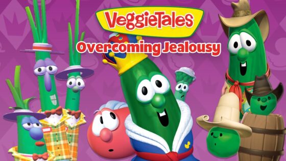 VeggieTales cover with a crown-wearing cucumber center stage among veggie friends, purple background and 'Overcoming Jealousy' title.