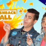 Two hosts in denim jackets gesture toward a bold 'FLASHBACK FALL' banner amid orange confetti and a large pumpkin on a bright blue background.