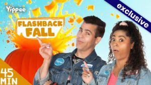 Two hosts in denim jackets gesture toward a bold 'FLASHBACK FALL' banner amid orange confetti and a large pumpkin on a bright blue background.