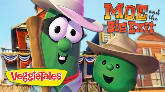 Two animated green veggie characters wearing cowboy hats stand in front of a western town backdrop, with the VeggieTales logo and the title 'MOE and the Big Exit' visible in the upper right.