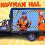 Thumbnail showing a black utility truck with people in orange safety vests and helmets, promoting 'Handyman Hal Music' on a yellow sunburst background