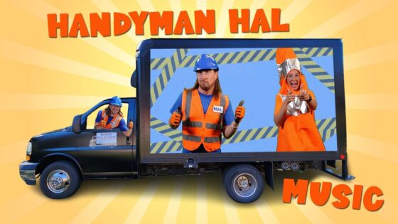 Thumbnail showing a black utility truck with people in orange safety vests and helmets, promoting 'Handyman Hal Music' on a yellow sunburst background