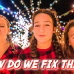 Three girls with braided hair in red plaid shirts at a nighttime festival, string lights behind them, captioned 'HOW DO WE FIX THIS?!'