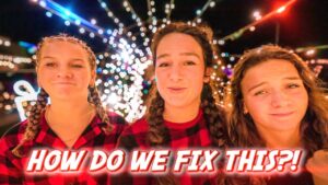 Three girls with braided hair in red plaid shirts at a nighttime festival, string lights behind them, captioned 'HOW DO WE FIX THIS?!'