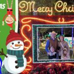 Split image: left green poster says 'Christmas Lights Show!' with a cartoon cowboy and snowman; right shows a family posing before a bright Merry Christmas light frame inside an illuminated park.