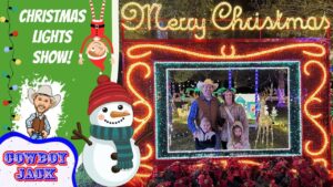Split image: left green poster says 'Christmas Lights Show!' with a cartoon cowboy and snowman; right shows a family posing before a bright Merry Christmas light frame inside an illuminated park.