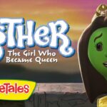 Thumbnail for VeggieTales video: 'Esther: The Girl Who Became Queen' featuring a green VeggieTales character wearing a crown against a sunset background