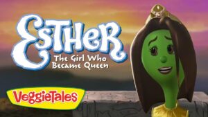 Thumbnail for VeggieTales video: 'Esther: The Girl Who Became Queen' featuring a green VeggieTales character wearing a crown against a sunset background
