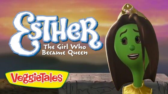 Thumbnail for VeggieTales video: 'Esther: The Girl Who Became Queen' featuring a green VeggieTales character wearing a crown against a sunset background