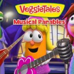 VeggieTales Musical Parables promotional cover with three cartoon vegetables singing on a stage, one with a guitar and another with a microphone at night.