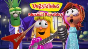 VeggieTales Musical Parables promotional cover with three cartoon vegetables singing on a stage, one with a guitar and another with a microphone at night.
