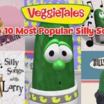 Collage promoting VeggieTales: Top 10 Most Popular Silly Songs with green veggie characters and music-themed decor.