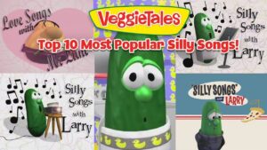 Collage promoting VeggieTales: Top 10 Most Popular Silly Songs with green veggie characters and music-themed decor.