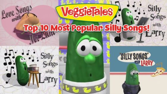 Collage promoting VeggieTales: Top 10 Most Popular Silly Songs with green veggie characters and music-themed decor.