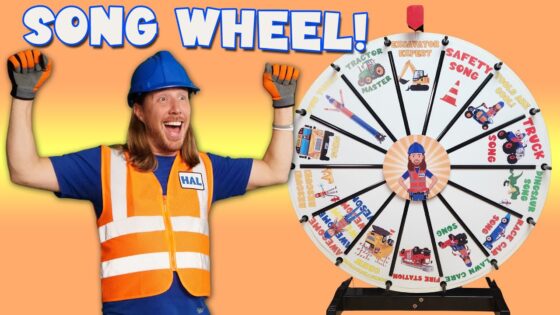 Man in a blue hard hat and orange safety vest cheers next to a large song wheel on an orange background, for a kids' video thumbnail.