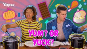 Two people at a table tasting foods with slow cookers, bold 'YUM? OR YUCK?' text above them in a vibrant thumbnail.