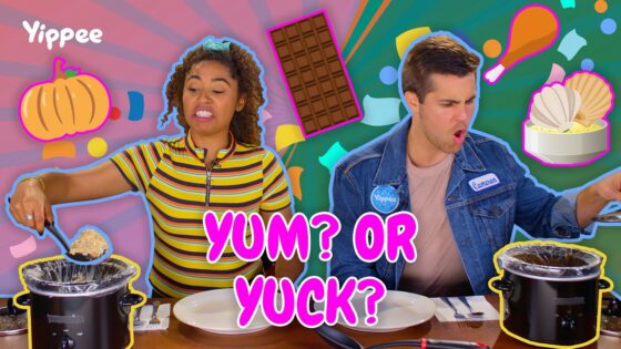 Two people at a table tasting foods with slow cookers, bold 'YUM? OR YUCK?' text above them in a vibrant thumbnail.