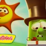A cheerful sun beside a puzzled green cucumber wearing a top hat, with a book in front, in a VeggieTales scene.