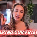 Woman speaks to the camera in a kitchen; a distressed friend stands in the background; bold 'HELPING OUR FRIENDS' text overlay.