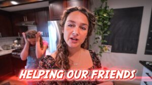 Woman speaks to the camera in a kitchen; a distressed friend stands in the background; bold 'HELPING OUR FRIENDS' text overlay.