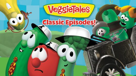 VeggieTales characters pose with a vintage car on a bright blue background, featuring the 'VeggieTales Classic Episodes' banner.